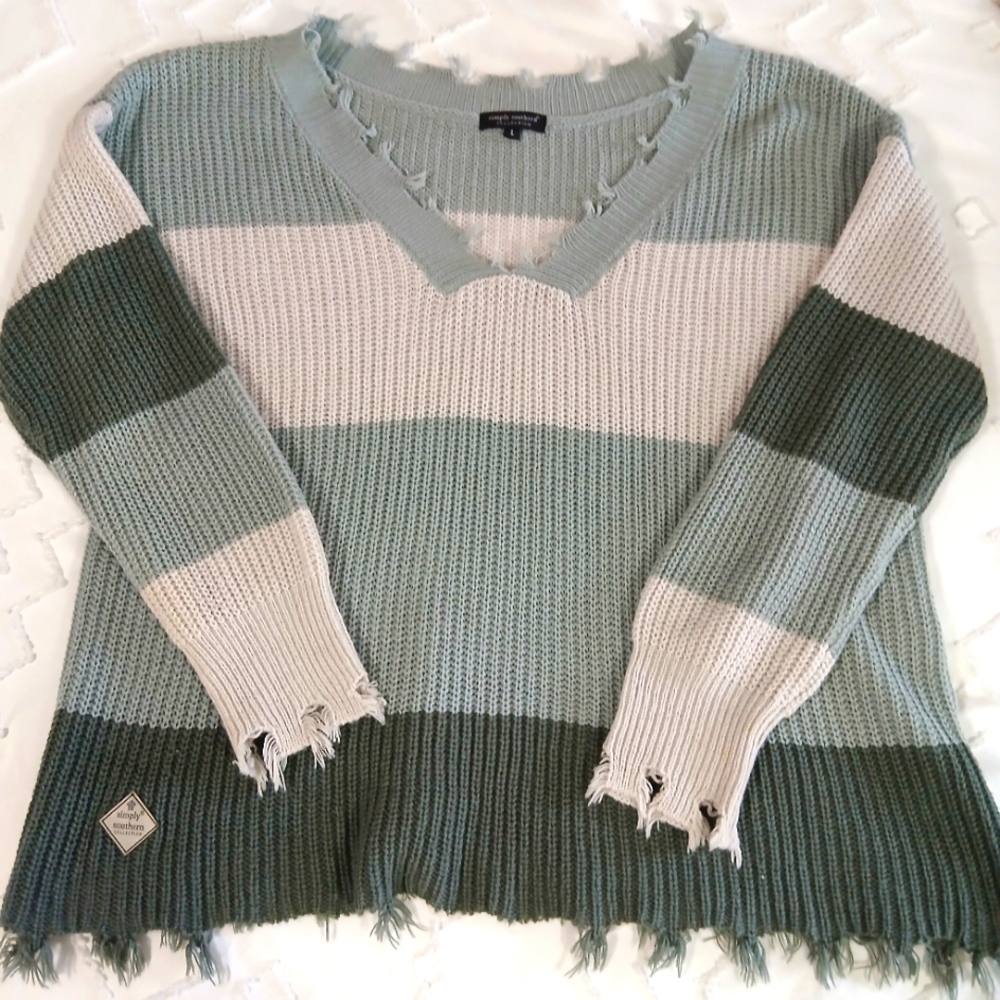 Simply Southern Collection Colorblock Striped Frayed V-Neck Sweater